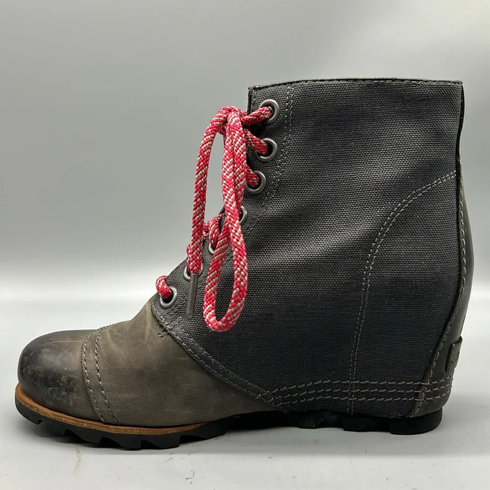 SOREL PDX GRAY LEATHER CANVAS LUG SOLE HIDDEN WEDGE HEEL LACE UP BOOT SIZE 8.5 - Picture 8 of 10